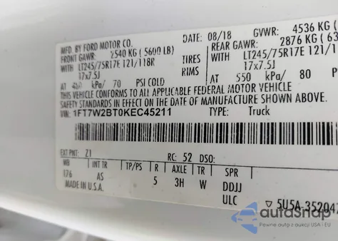 2019 Ford F-250 Xl z USA, uszkodzony, nr VIN 1FT7W2BT0KEC45211